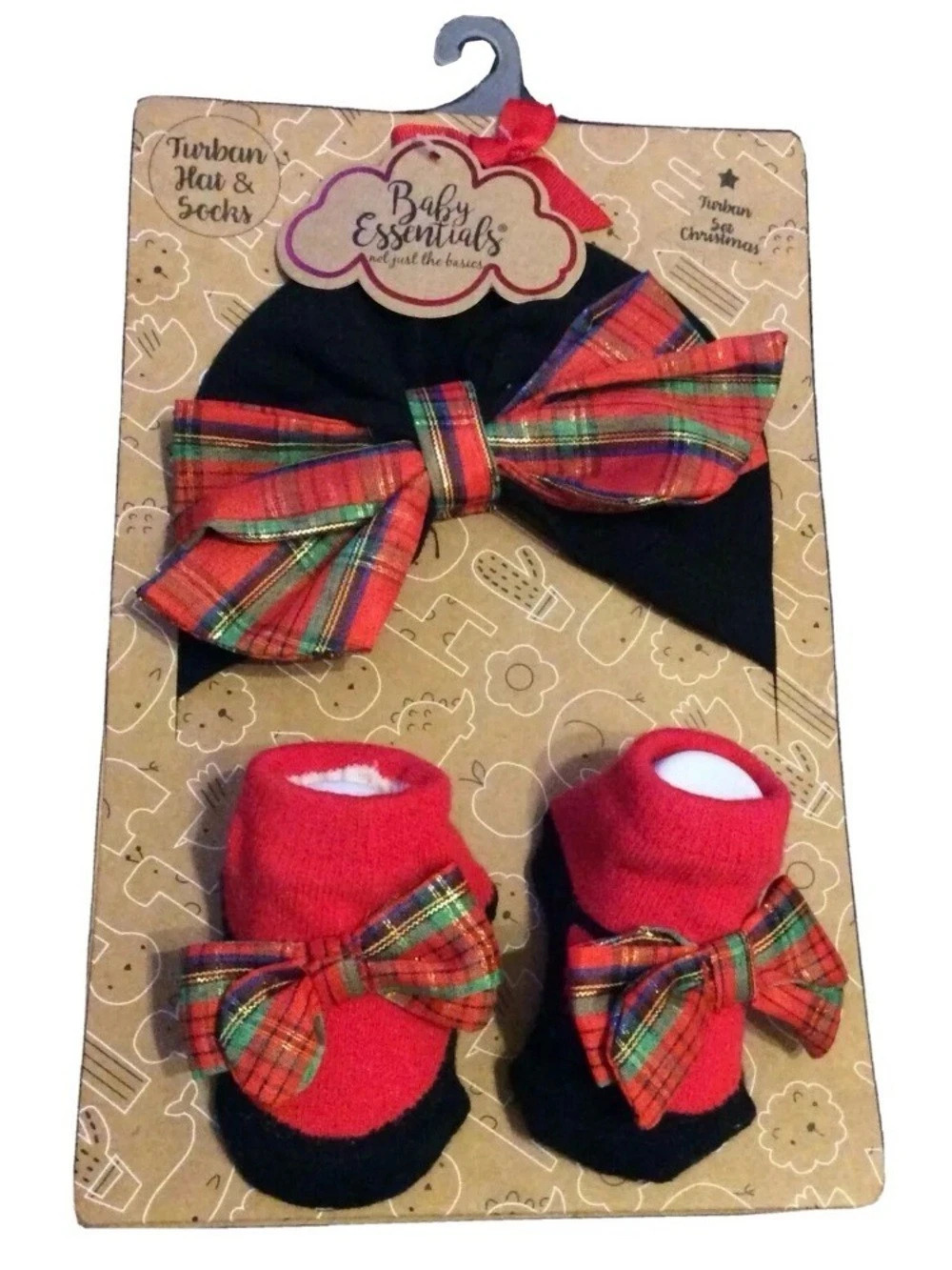 Baby Essentials Christmas Plaid Turban Hat & Socks Set NWT Red Green Black